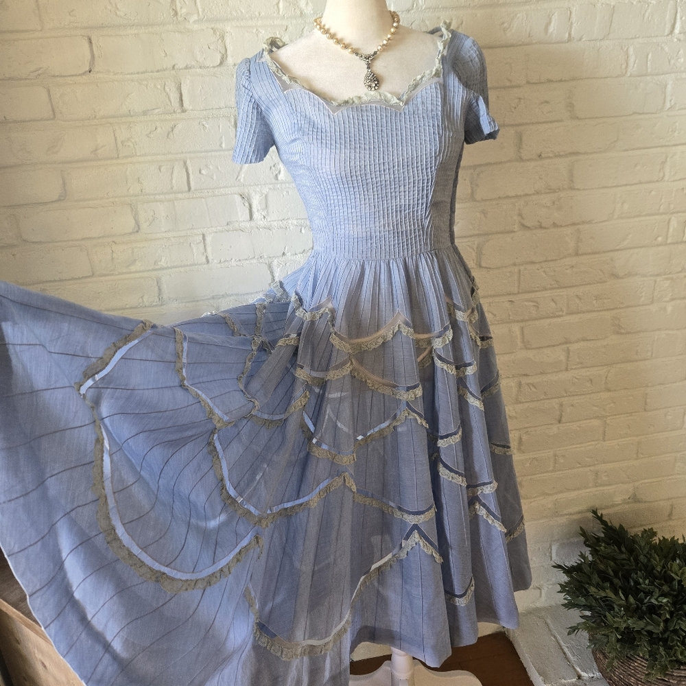 Cornflower Blue Lace Scallop Cotton Chambray Party Dress, XS